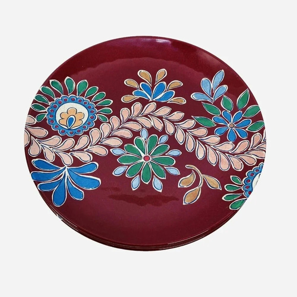BUNGALOW Set of 4 Melamine 11" Dinner Plates Burgundy Floral Summer Table Decor - Picture 3 of 4
